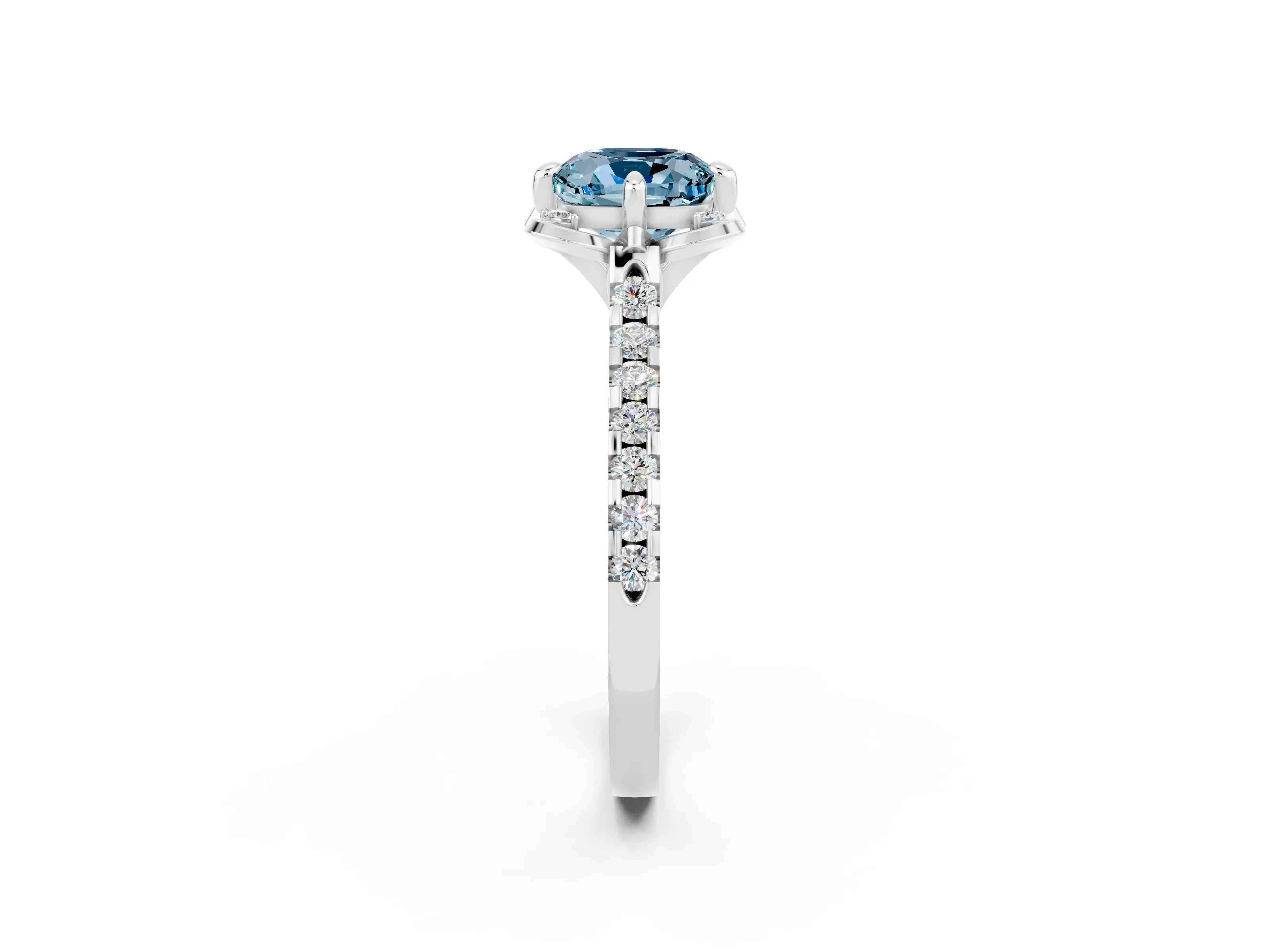 White gold Cushion Cut Aquamarine Ring with Pavé Band and Floral Prong Setting_2