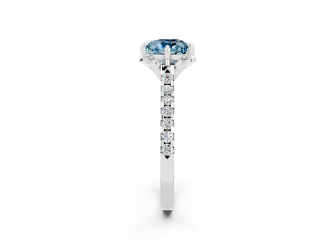 White gold Cushion Cut Aquamarine Ring with Pavé Band and Floral Prong Setting_2