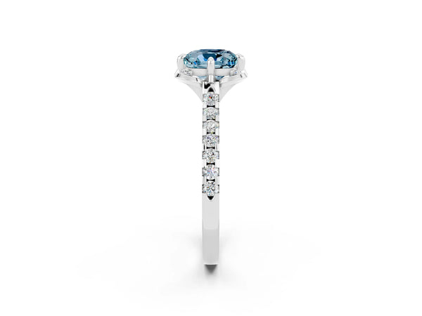 Silver Cushion Cut Aquamarine Ring with Pavé Band and Floral Prong Setting
