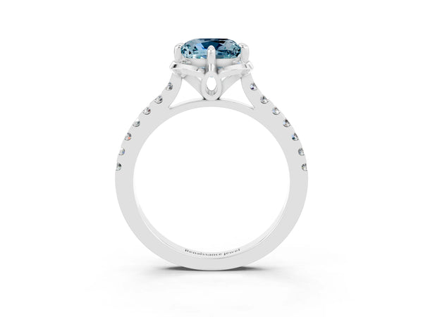 White gold Cushion Cut Aquamarine Ring with Pavé Band and Floral Prong Setting