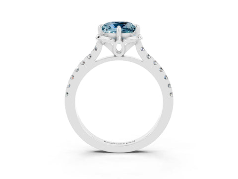 White gold Cushion Cut Aquamarine Ring with Pavé Band and Floral Prong Setting_3
