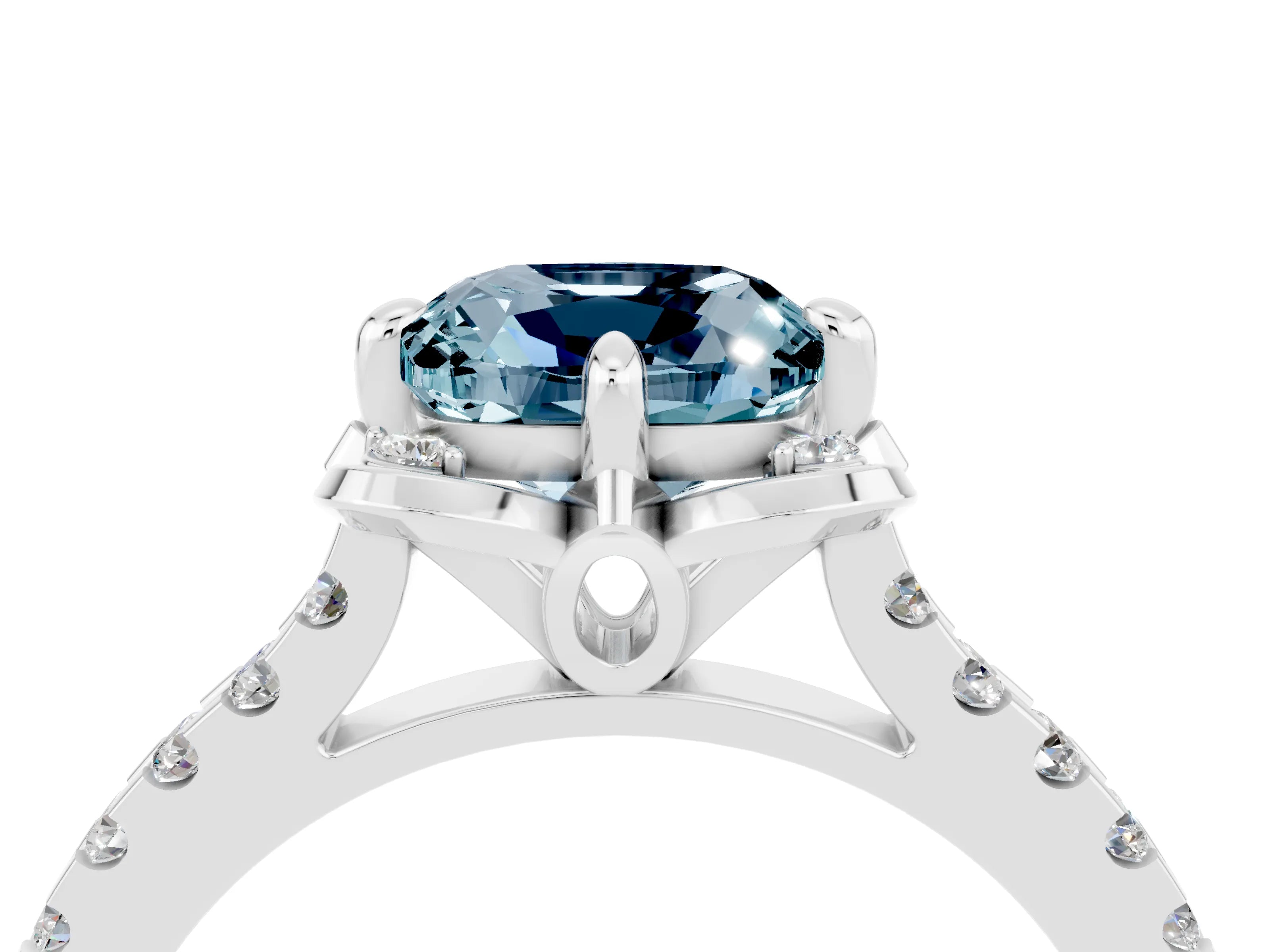 White gold Cushion Cut Aquamarine Ring with Pavé Band and Floral Prong Setting_4