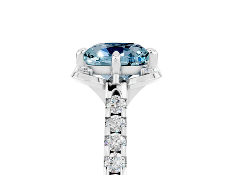 White gold Cushion Cut Aquamarine Ring with Pavé Band and Floral Prong Setting_5