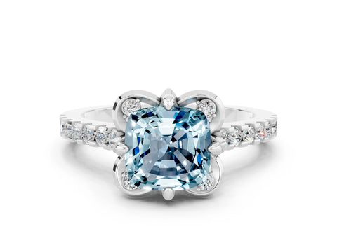 White gold Cushion Cut Aquamarine Ring with Pavé Band and Floral Prong Setting