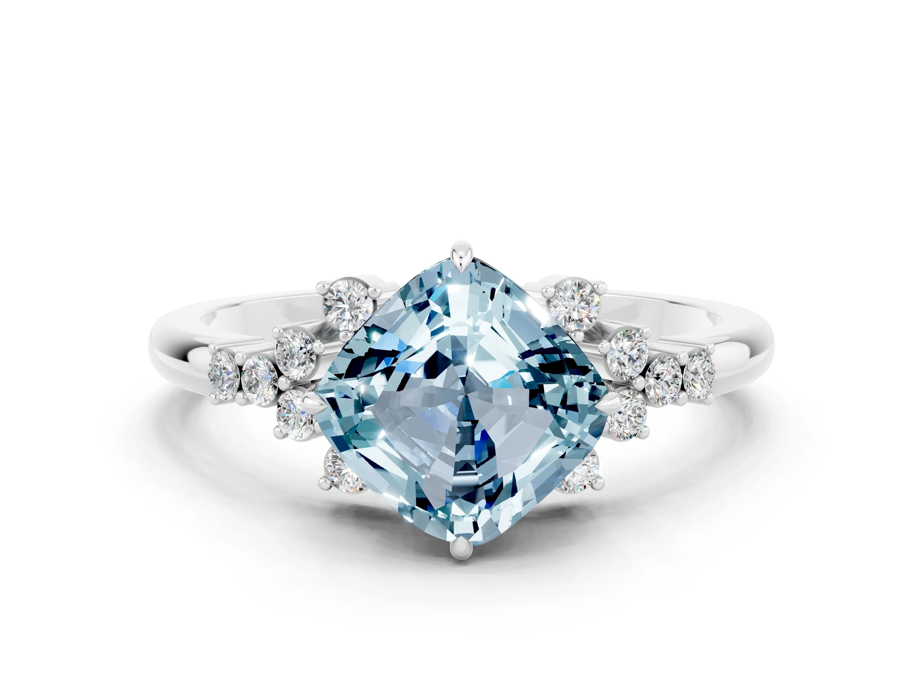 White gold Cushion Cut Aquamarine Ring with Side Stones and Four-Prong Setting_36