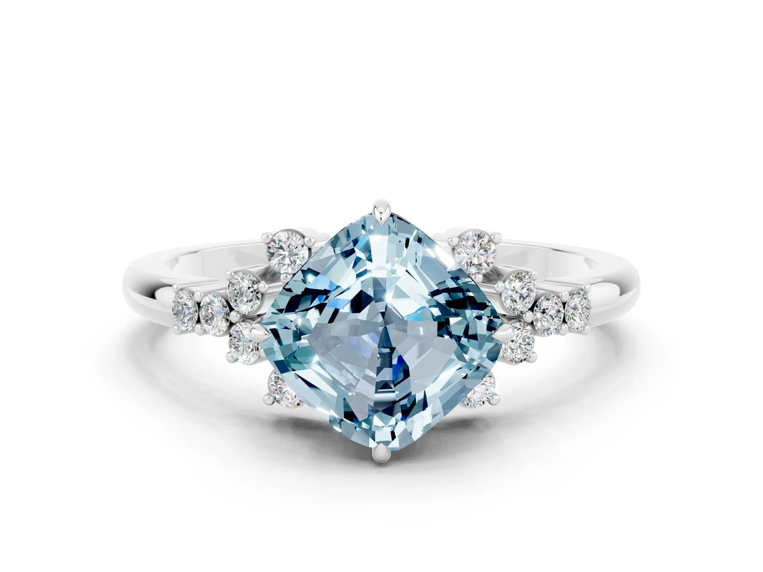 White gold Cushion Cut Aquamarine Ring with Side Stones and Four-Prong Setting_36