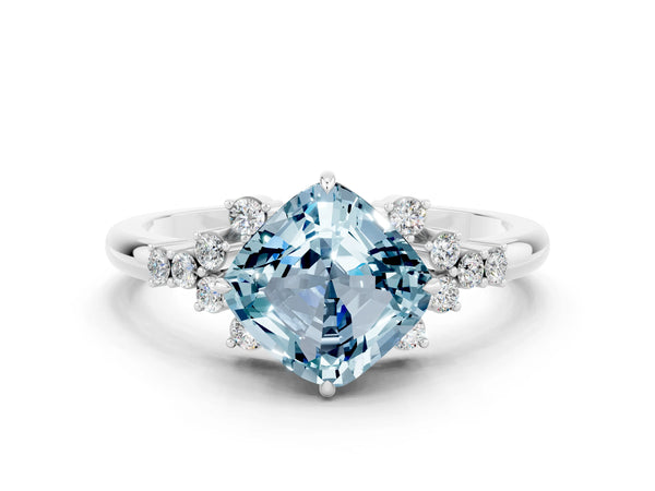 White gold Cushion Cut Aquamarine Ring with Side Stones and Four-Prong Setting
