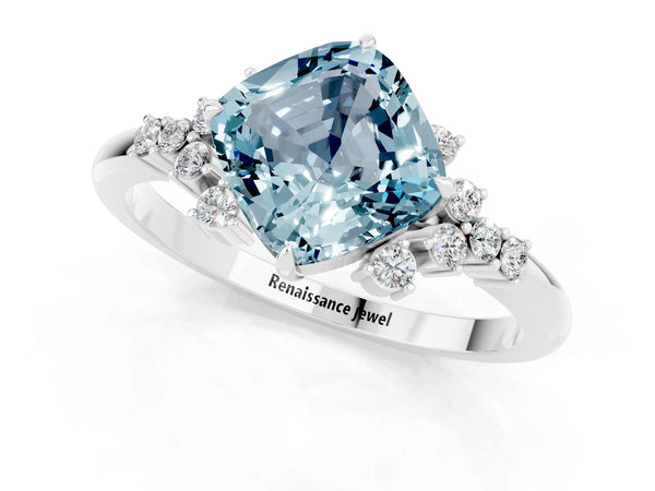Platinum Cushion Cut Aquamarine Ring with Side Stones and Four-Prong Setting