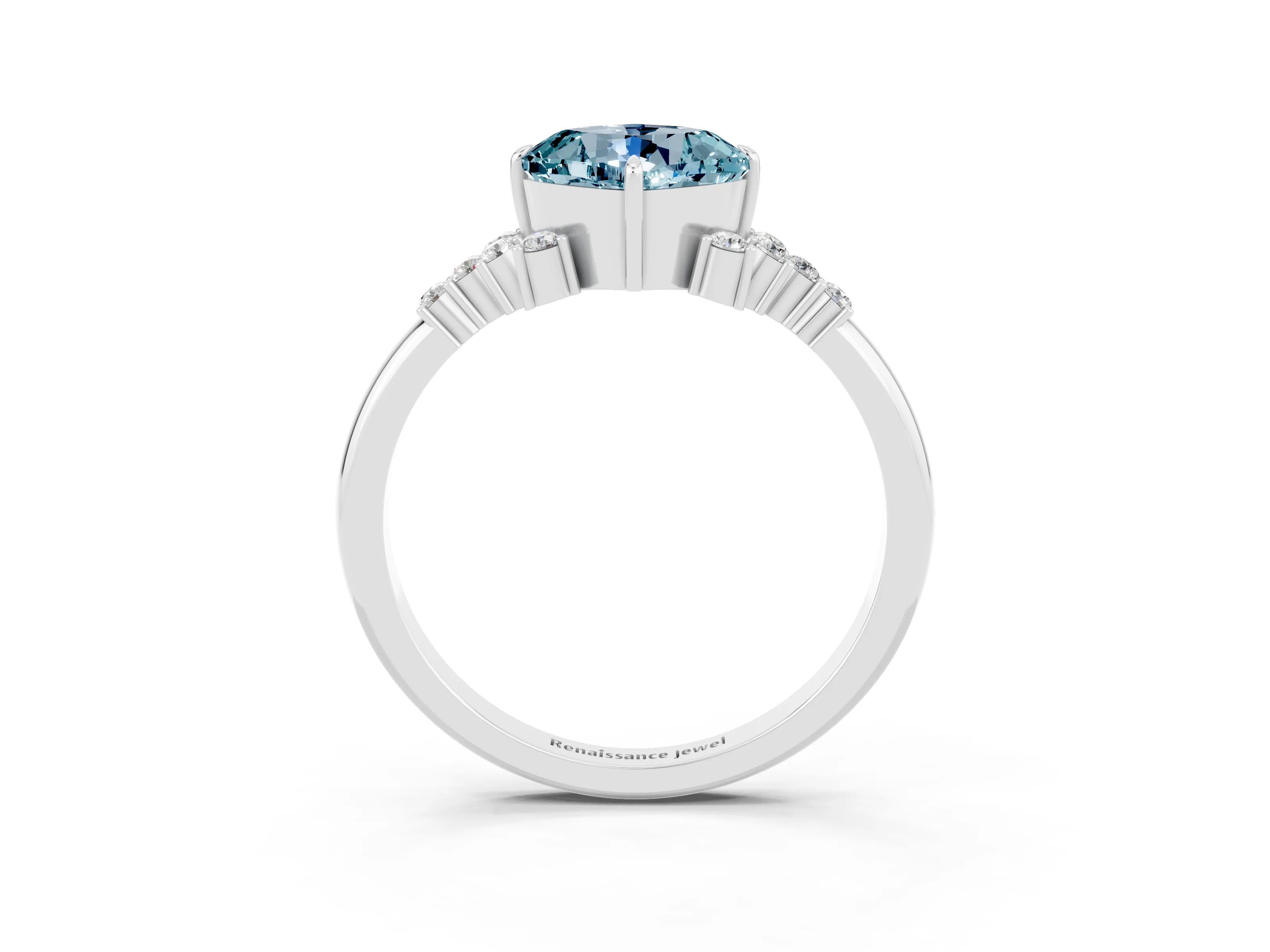 White gold Cushion Cut Aquamarine Ring with Side Stones and Four-Prong Setting_39