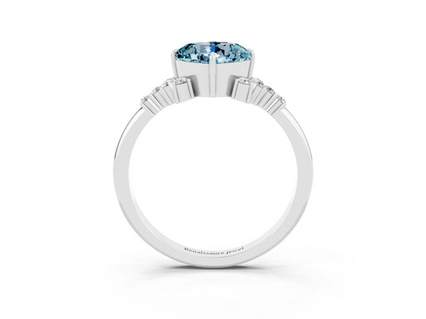 White gold Cushion Cut Aquamarine Ring with Side Stones and Four-Prong Setting