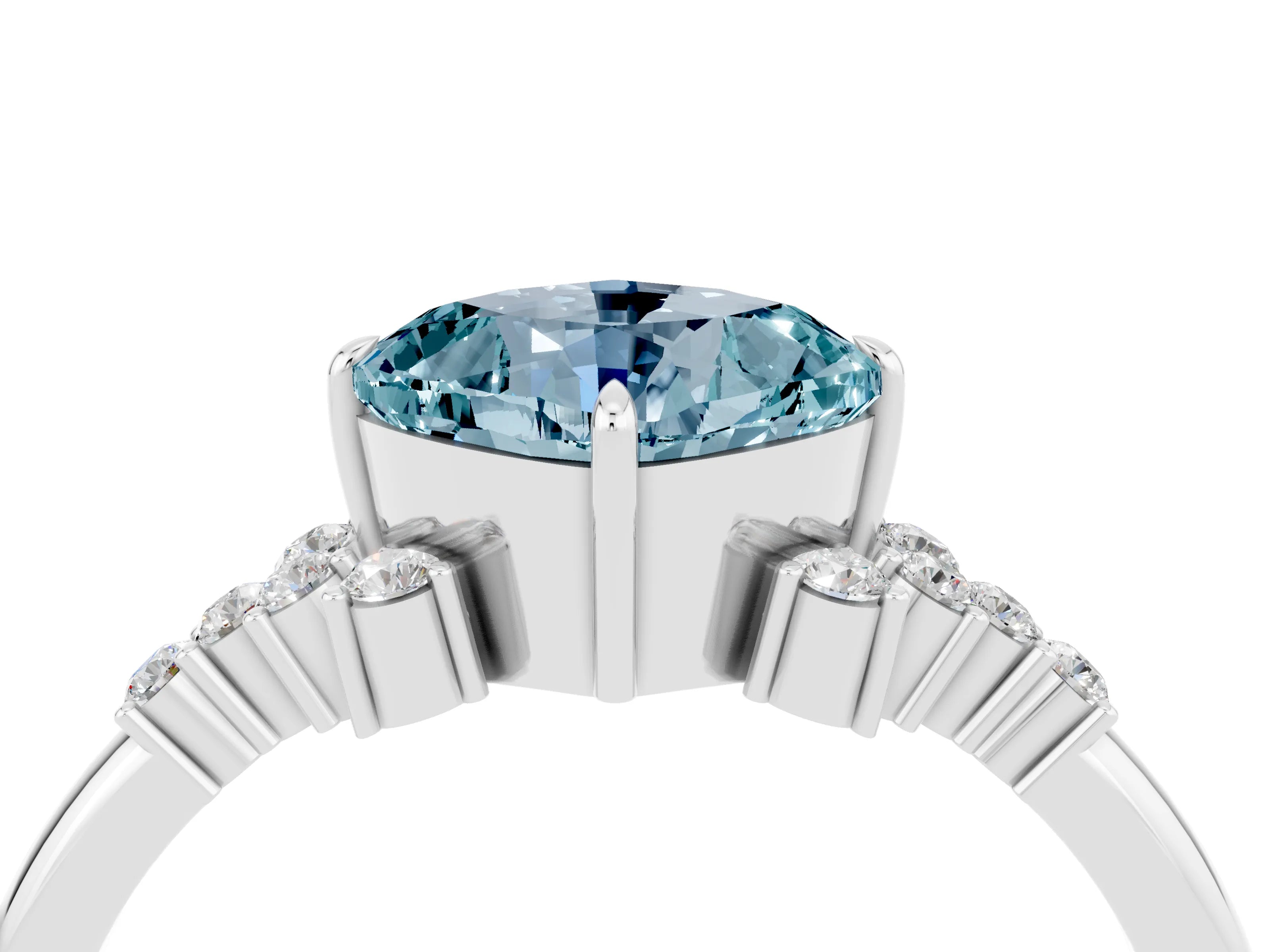 White gold Cushion Cut Aquamarine Ring with Side Stones and Four-Prong Setting_40
