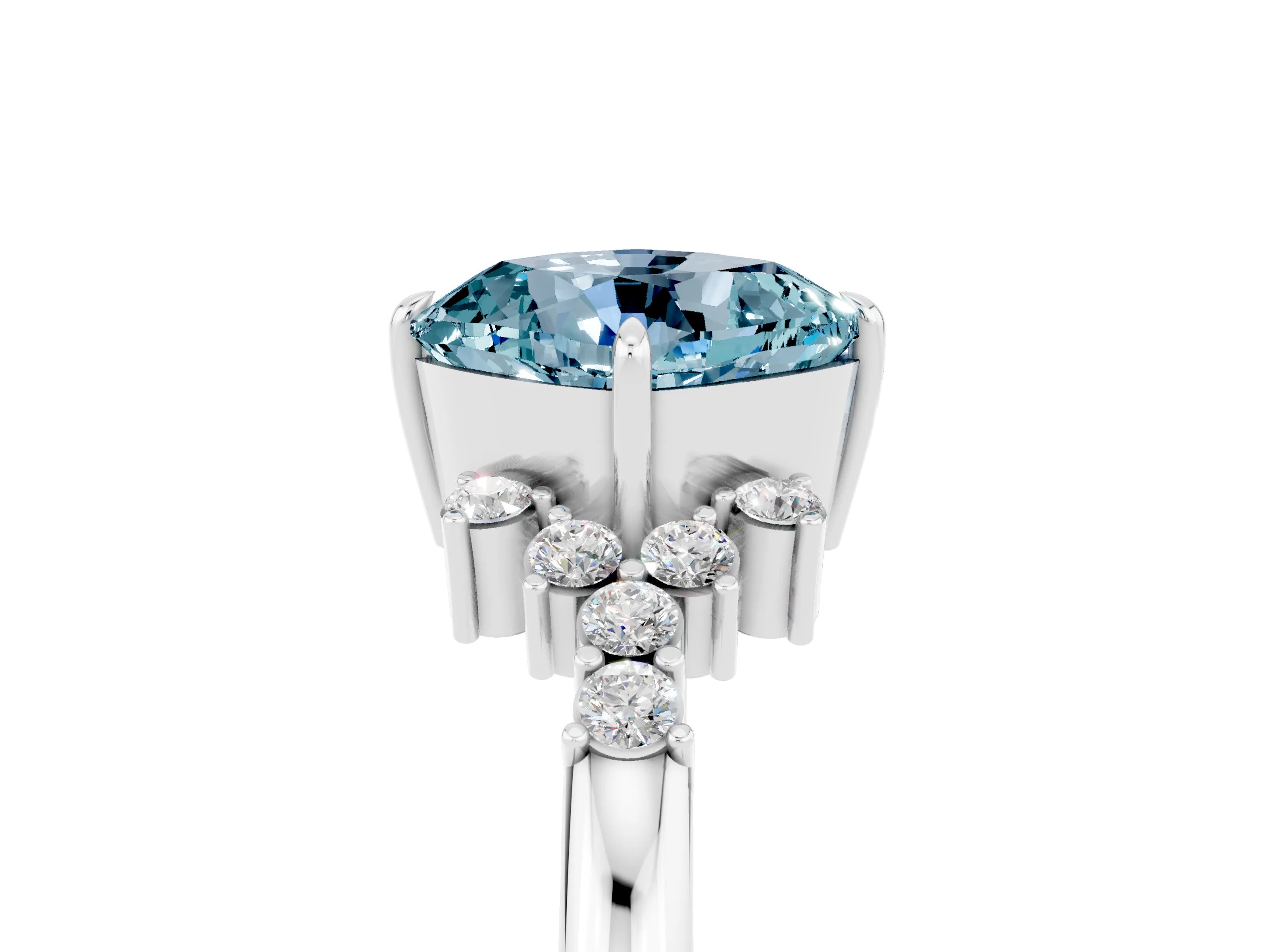 White gold Cushion Cut Aquamarine Ring with Side Stones and Four-Prong Setting_41