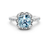 White gold Cushion Cut Aquamarine Scalloped Halo Engagement Ring with Round Shared Prong Band_24