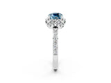 White gold Cushion Cut Aquamarine Scalloped Halo Engagement Ring with Round Shared Prong Band_26