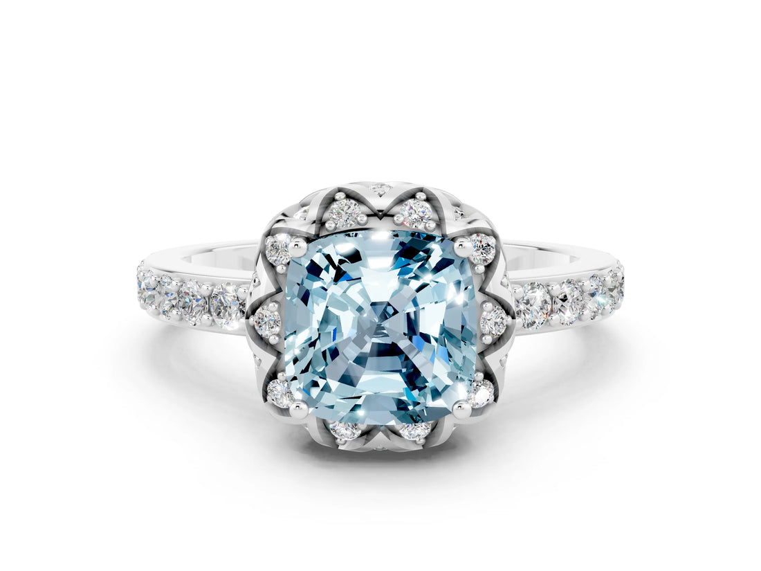 White gold Cushion Cut Aquamarine Scalloped Halo Engagement Ring with Round Shared Prong Band_48