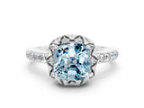 White gold Cushion Cut Aquamarine Scalloped Halo Engagement Ring with Round Shared Prong Band_48