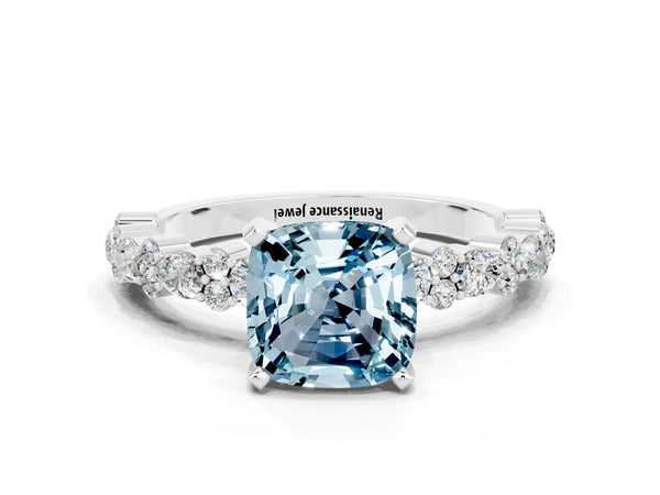 Silver Cushion Cut Aquamarine Side Stone Solitaire Ring with Round  and Four-Prong Setting