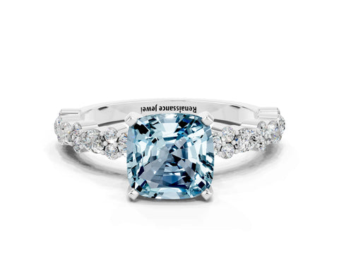 White gold Cushion Cut Aquamarine Side Stone Solitaire Ring with Round  and Four-Prong Setting_48