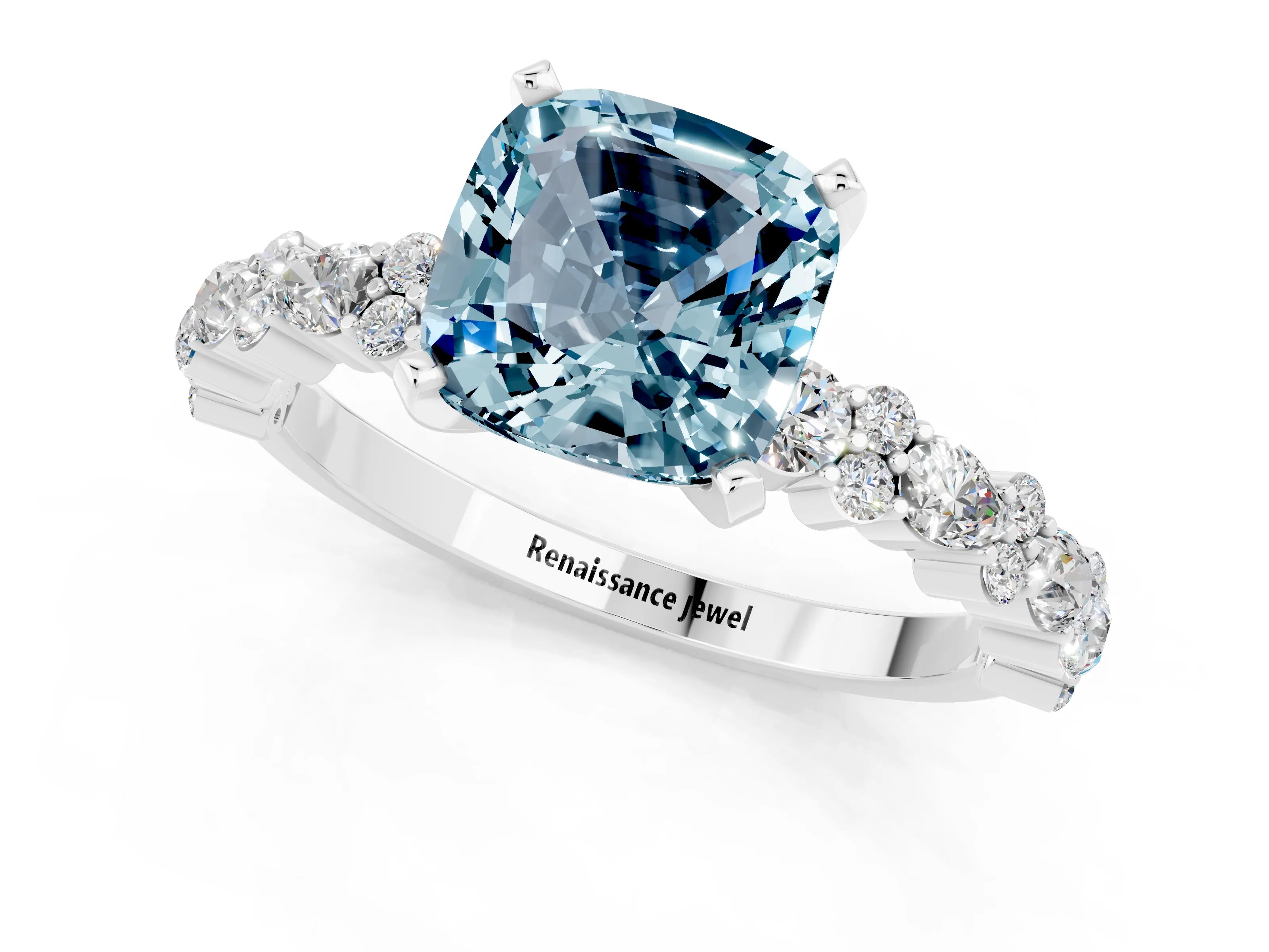 White gold Cushion Cut Aquamarine Side Stone Solitaire Ring with Round  and Four-Prong Setting_49