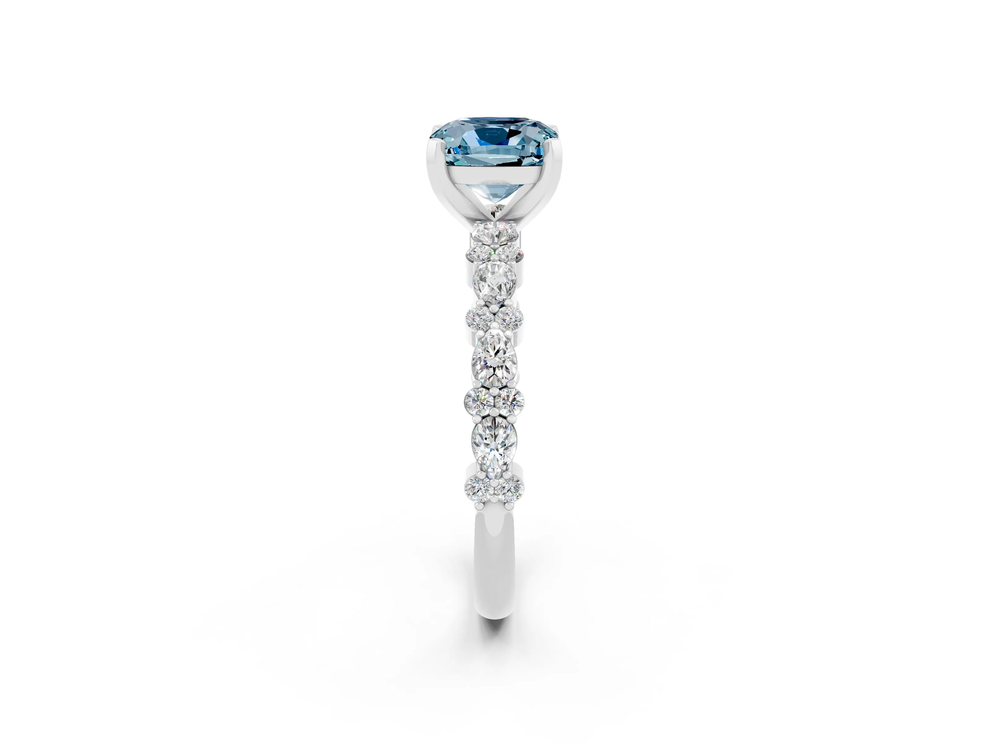 White gold Cushion Cut Aquamarine Side Stone Solitaire Ring with Round  and Four-Prong Setting_50