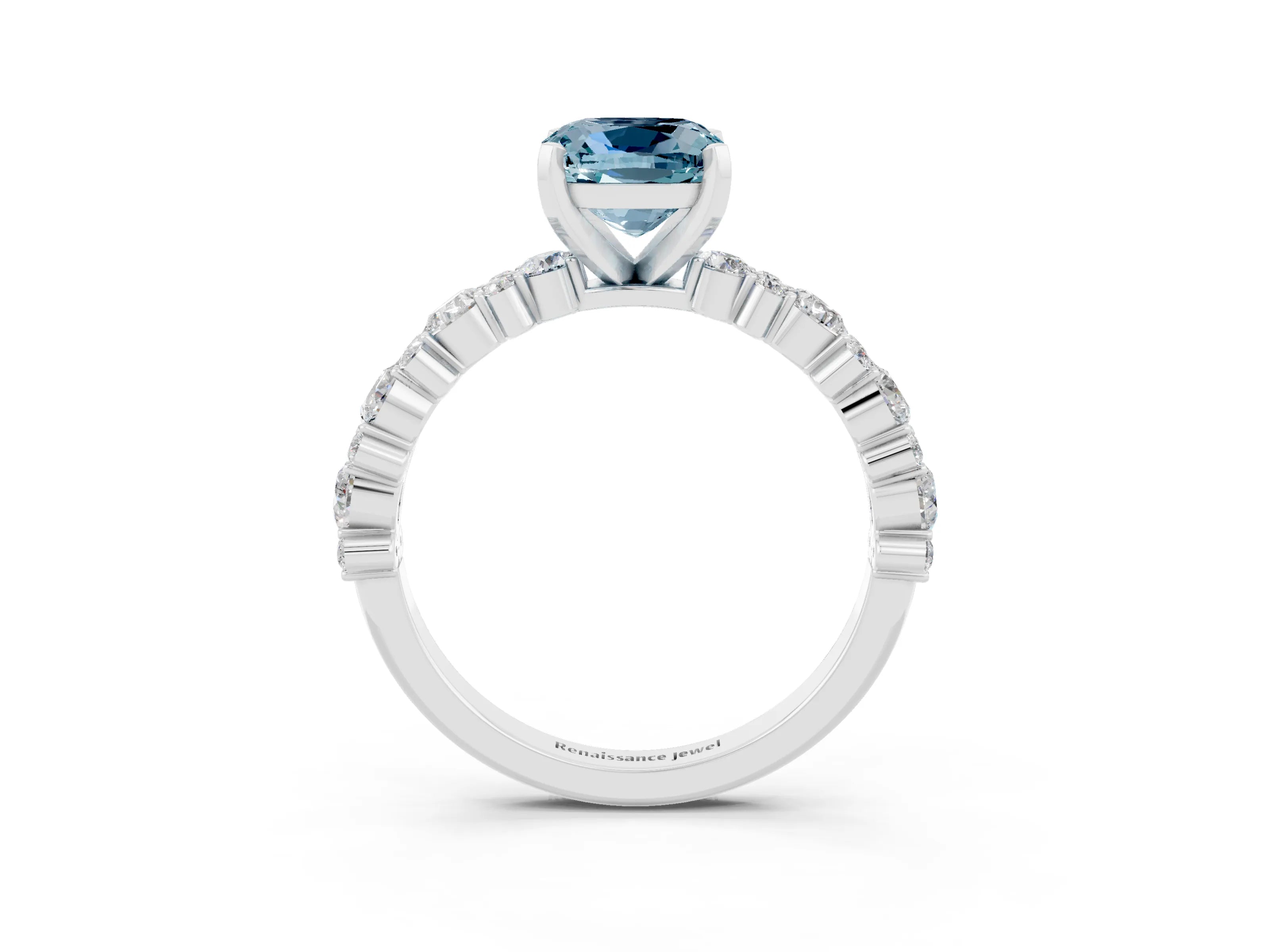 White gold Cushion Cut Aquamarine Side Stone Solitaire Ring with Round  and Four-Prong Setting_51