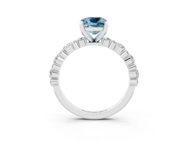 Platinum Cushion Cut Aquamarine Side Stone Solitaire Ring with Round  and Four-Prong Setting