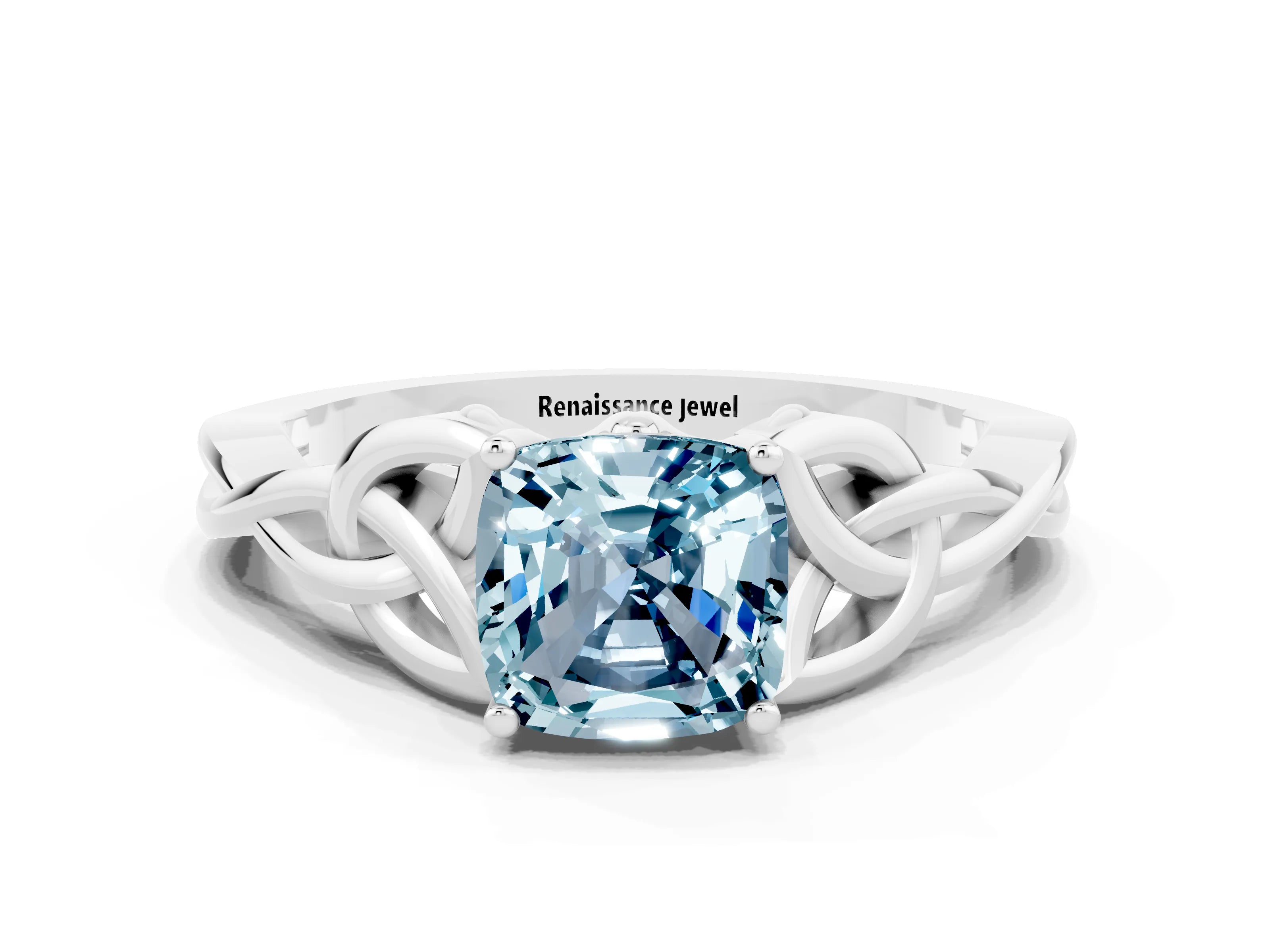 White gold Cushion Cut Aquamarine Solitaire Celtic Knot Ring with Four-Prong Setting_12