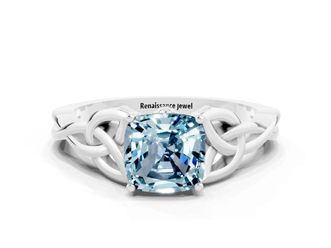 White gold Cushion Cut Aquamarine Solitaire Celtic Knot Ring with Four-Prong Setting_12