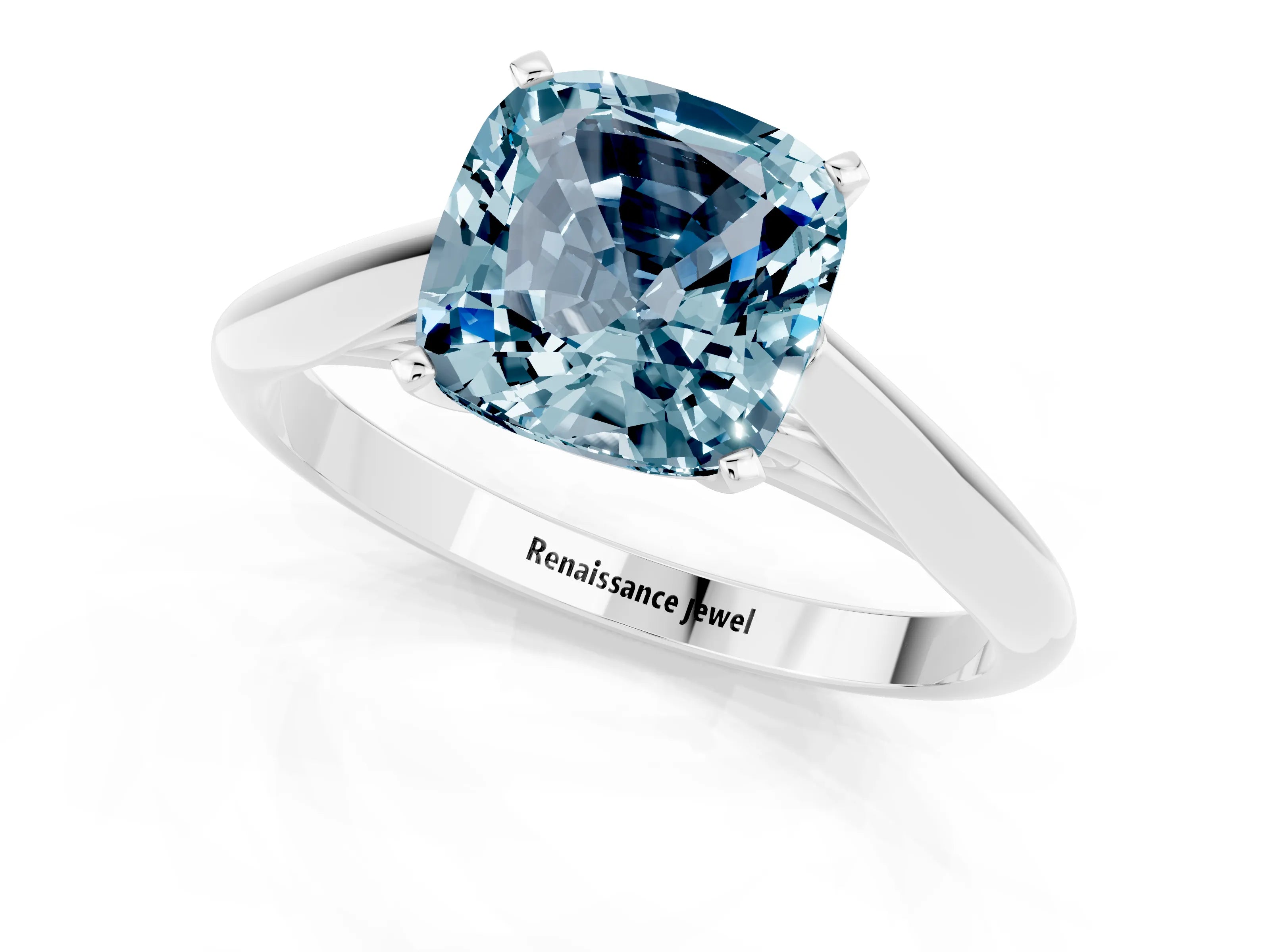 White gold Cushion Cut Aquamarine Solitaire Engagement Ring with Cathedral Setting and Four-Prong Mount_13