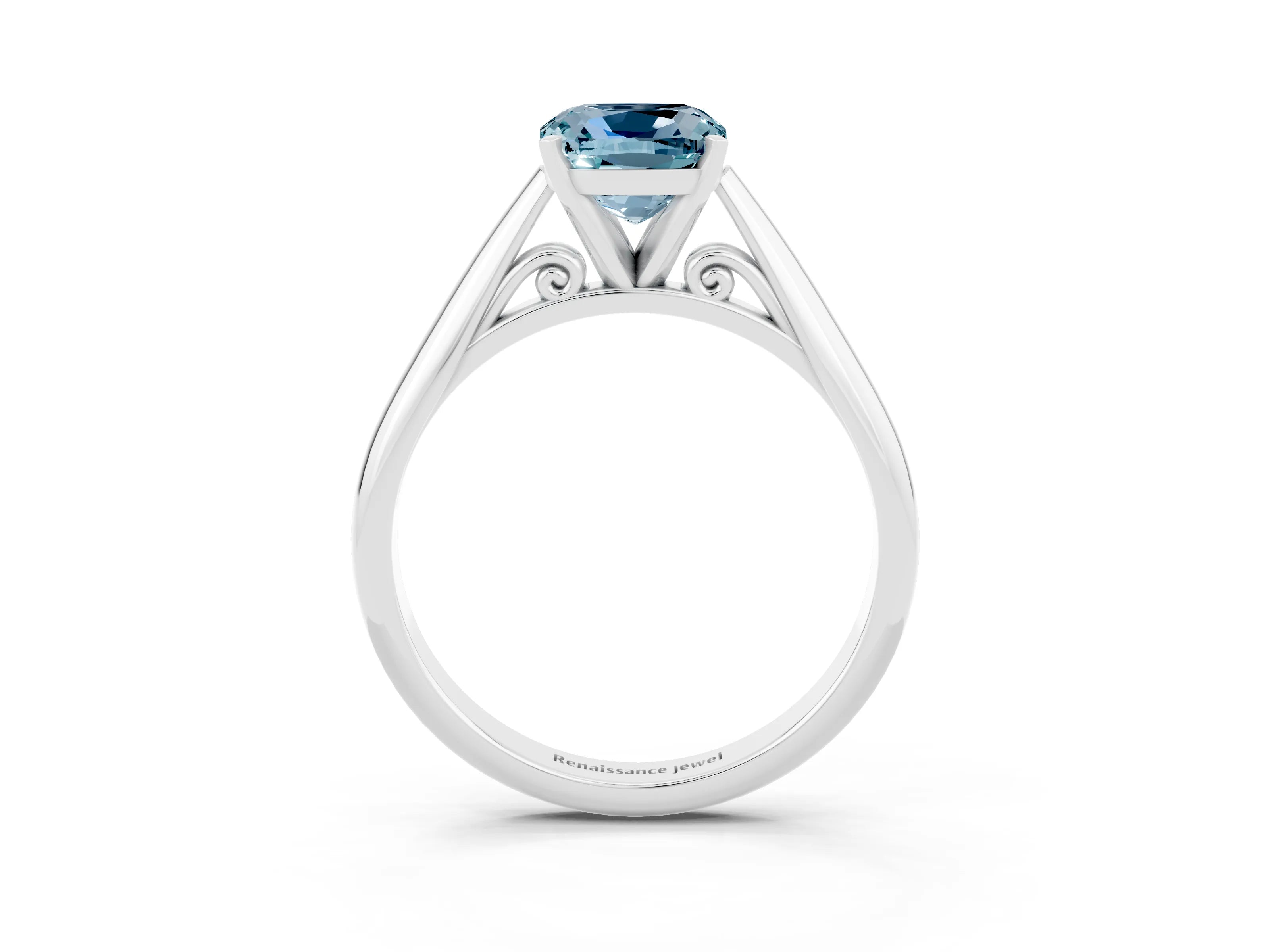 White gold Cushion Cut Aquamarine Solitaire Engagement Ring with Cathedral Setting and Four-Prong Mount_15