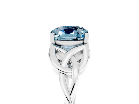 White gold Cushion Cut Aquamarine Solitaire Engagement Ring with Celtic Knot Band and Four-Prong Setting_5