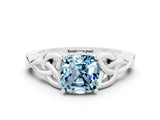 White gold Cushion Cut Aquamarine Solitaire Engagement Ring with Celtic Knot Band and Four-Prong Setting
