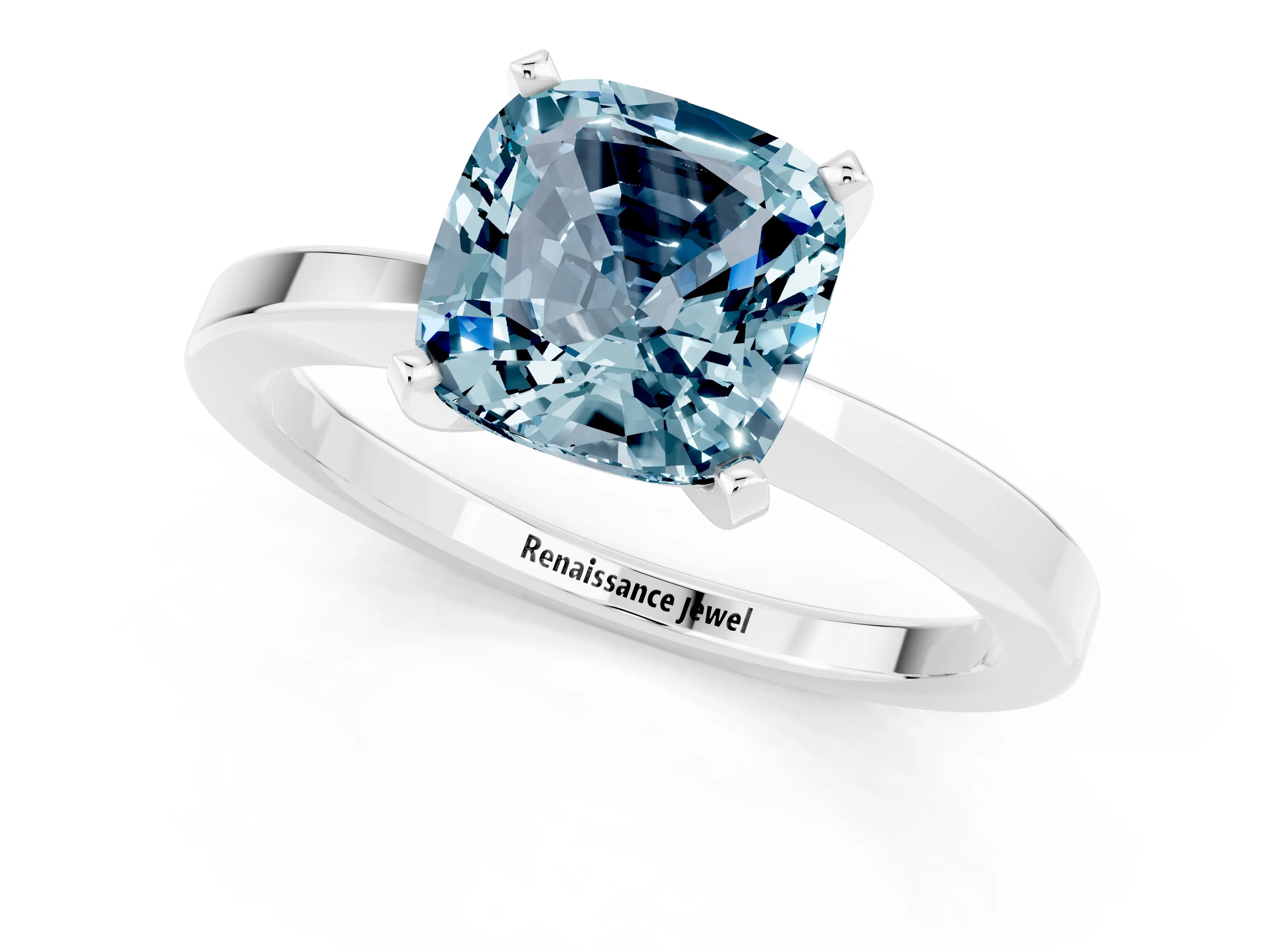 White gold Cushion Cut Aquamarine Solitaire Engagement Ring with Classic Band and Four-Prong Setting_25