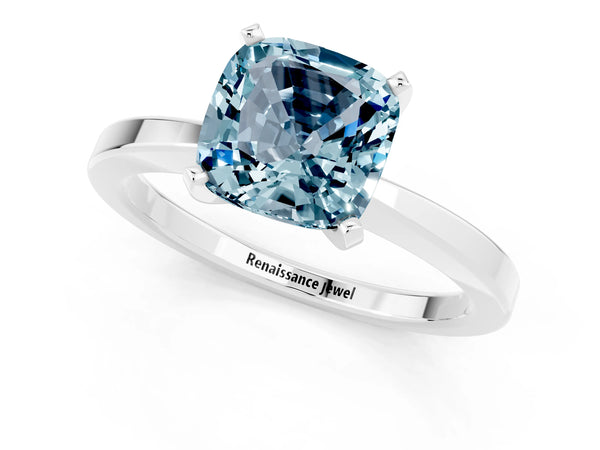 White gold Cushion Cut Aquamarine Solitaire Engagement Ring with Classic Band and Four-Prong Setting