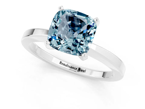 White gold Cushion Cut Aquamarine Solitaire Engagement Ring with Classic Band and Four-Prong Setting_25