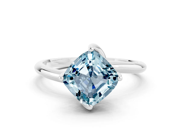 Silver Cushion Cut Aquamarine Solitaire Engagement Ring with Four-Prong Setting and Classic Band