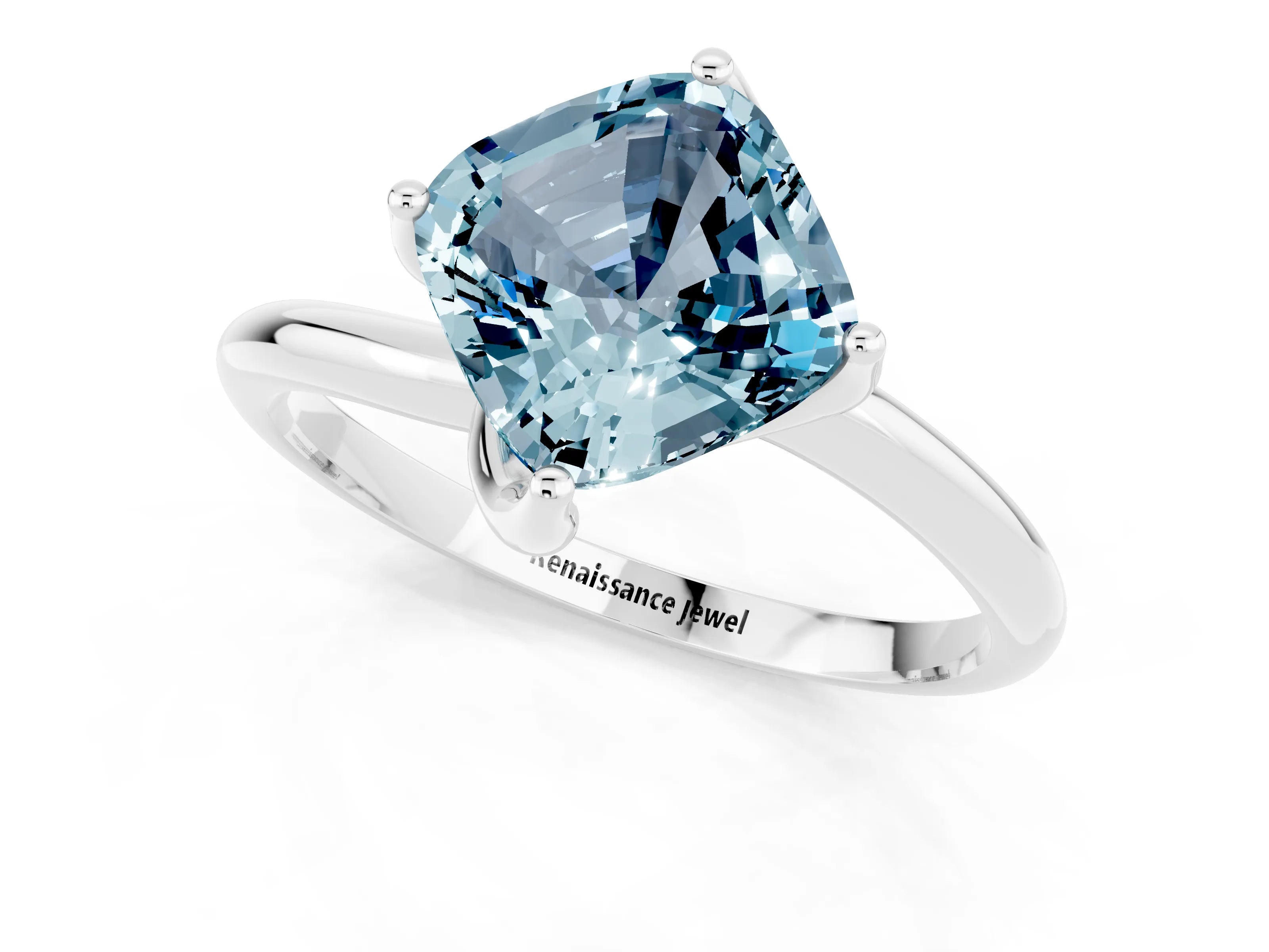 White gold Cushion Cut Aquamarine Solitaire Engagement Ring with Four-Prong Setting and Classic Band_37