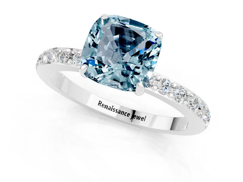 White gold Cushion Cut Aquamarine Solitaire Engagement Ring with Pavé Band and Four-Prong Setting_1