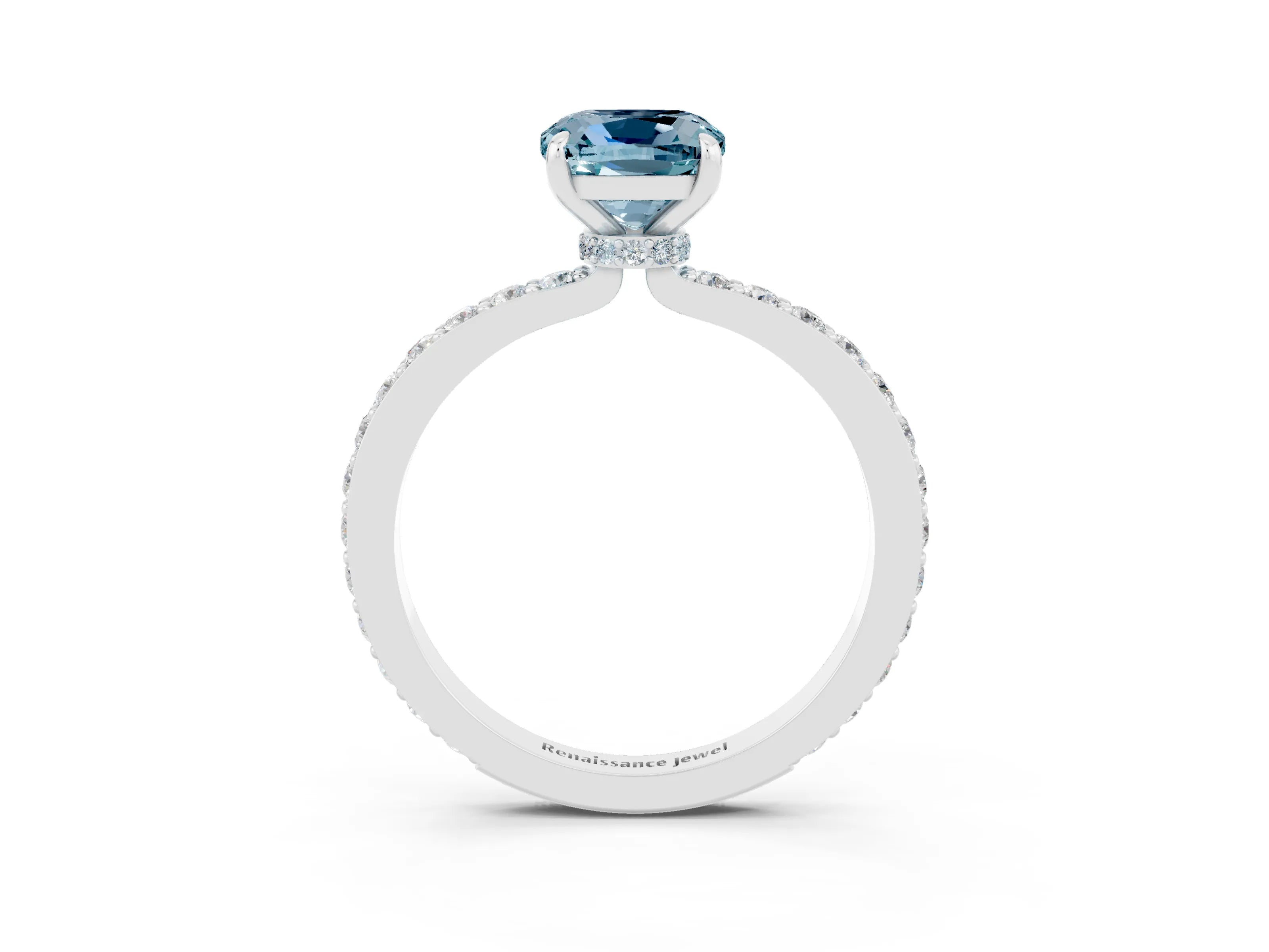 White gold Cushion Cut Aquamarine Solitaire Engagement Ring with Pavé Band and Four-Prong Setting_3