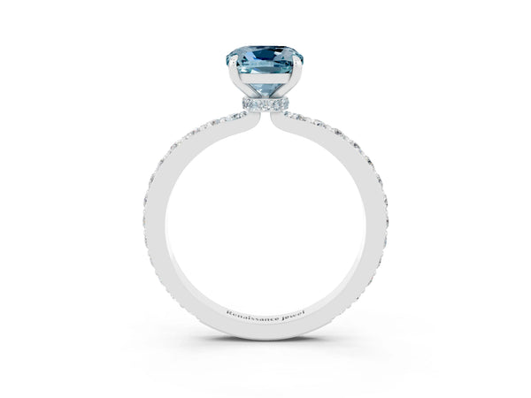 Silver Cushion Cut Aquamarine Solitaire Engagement Ring with Pavé Band and Four-Prong Setting