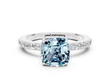 White gold Cushion Cut Aquamarine Solitaire Engagement Ring with Pavé Band and Four-Prong Setting