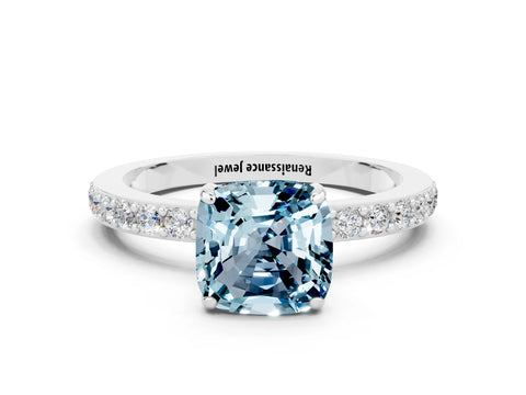 White gold Cushion Cut Aquamarine Solitaire Engagement Ring with Pavé Band and Four-Prong Setting