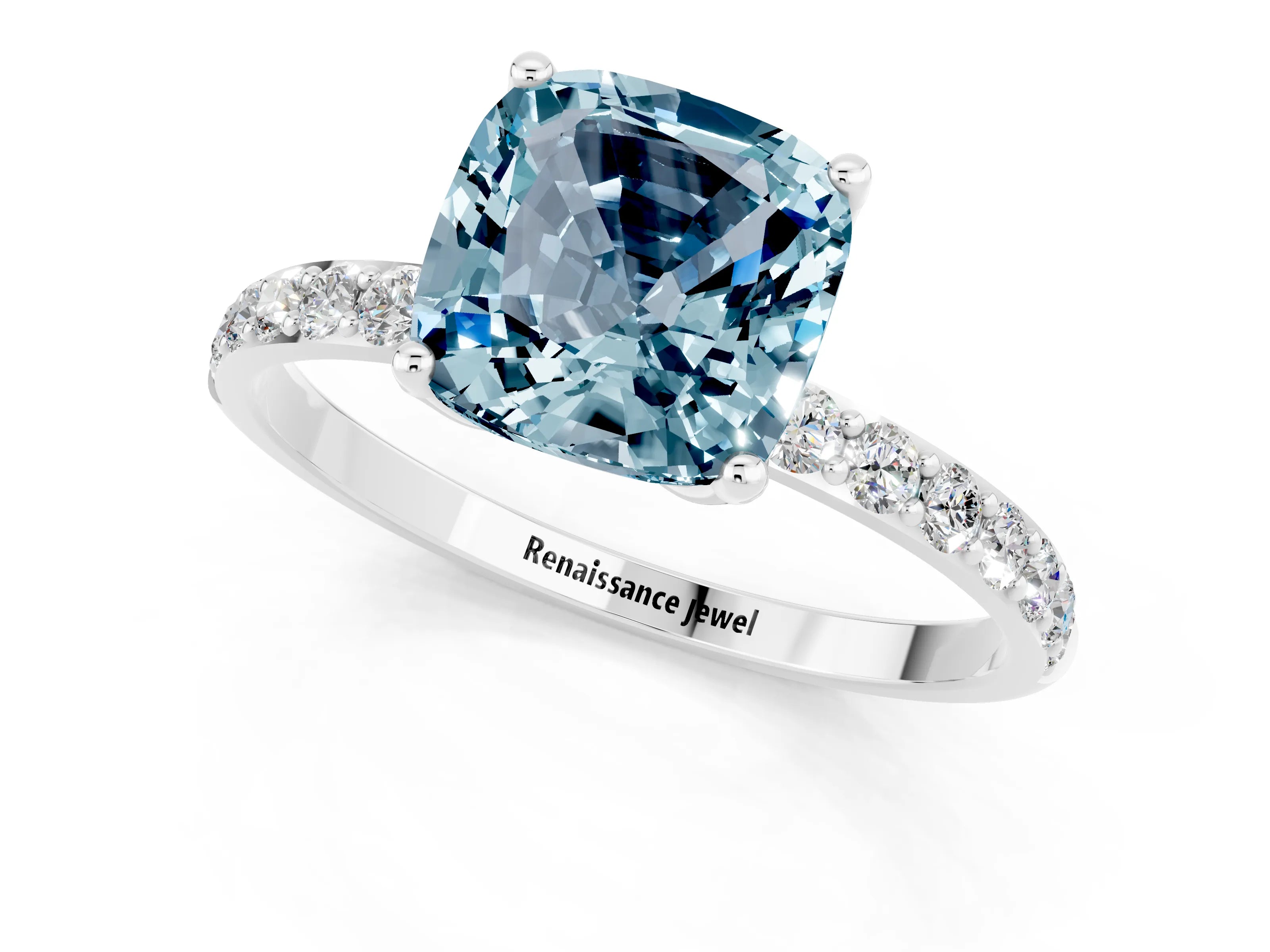 White gold Cushion Cut Aquamarine Solitaire Engagement Ring with Pavé Band and Prong Setting_1