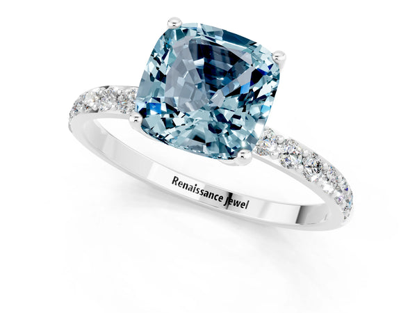 White gold Cushion Cut Aquamarine Solitaire Engagement Ring with Round  Pavé Band and Prong Setting