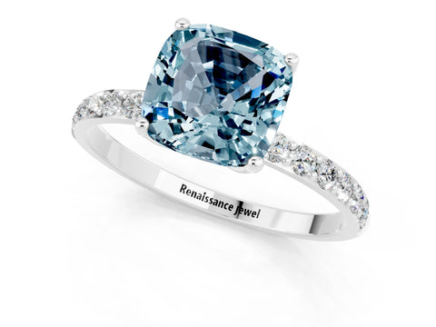 White gold Cushion Cut Aquamarine Solitaire Engagement Ring with Pavé Band and Prong Setting_1
