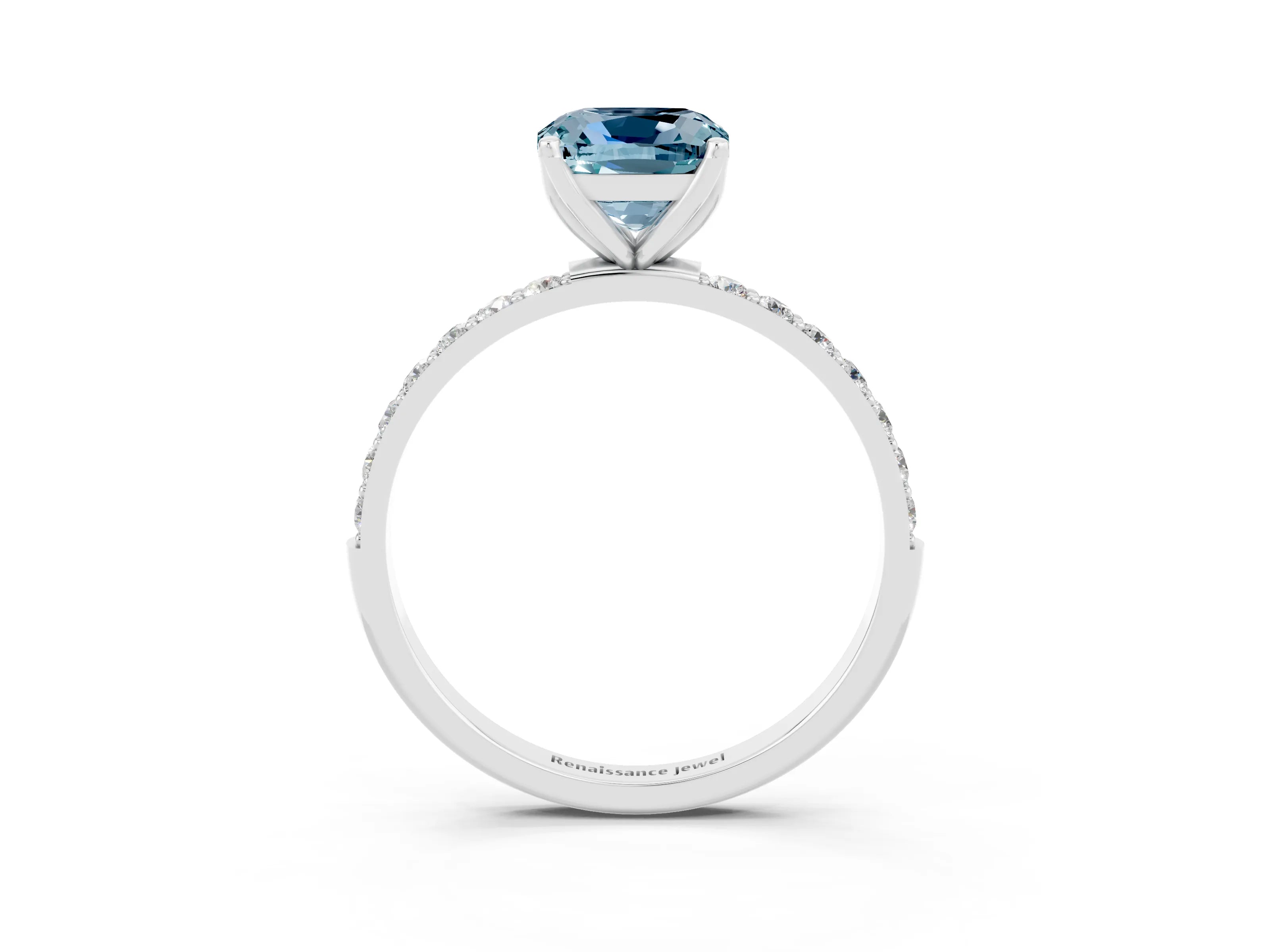 White gold Cushion Cut Aquamarine Solitaire Engagement Ring with Pavé Band and Prong Setting_3