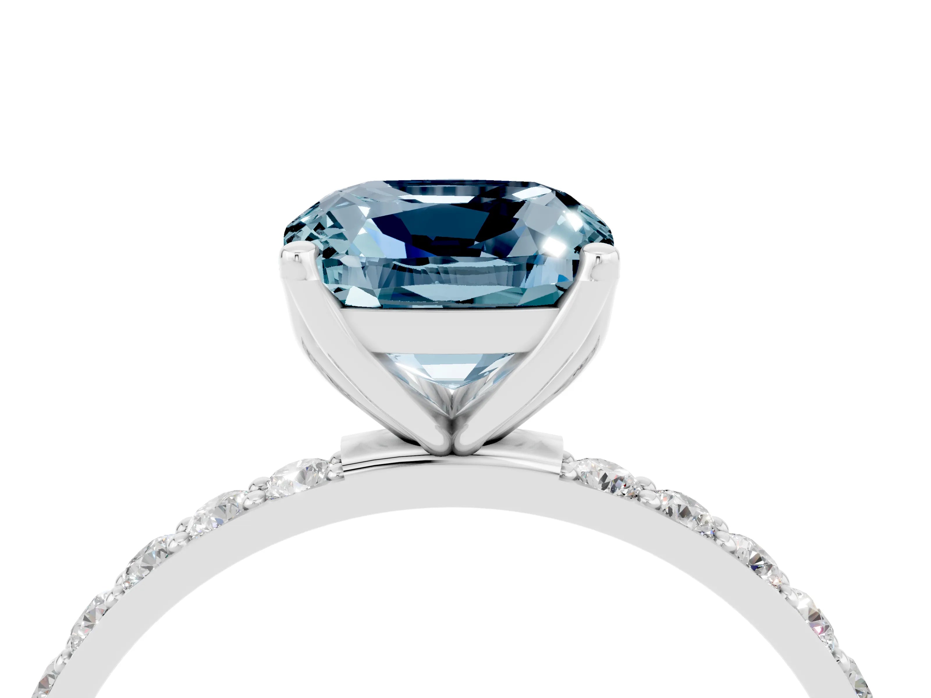 White gold Cushion Cut Aquamarine Solitaire Engagement Ring with Pavé Band and Prong Setting_4
