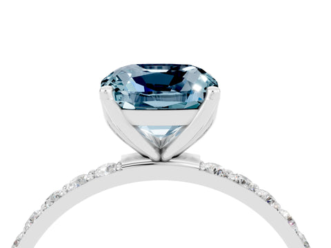 White gold Cushion Cut Aquamarine Solitaire Engagement Ring with Pavé Band and Prong Setting_4