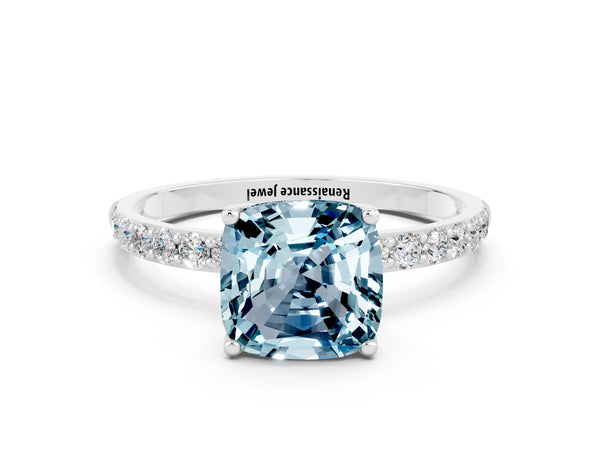 Silver Cushion Cut Aquamarine Solitaire Engagement Ring with Round  Pavé Band and Prong Setting