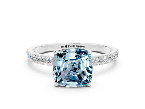 White gold Cushion Cut Aquamarine Solitaire Engagement Ring with Pavé Band and Prong Setting